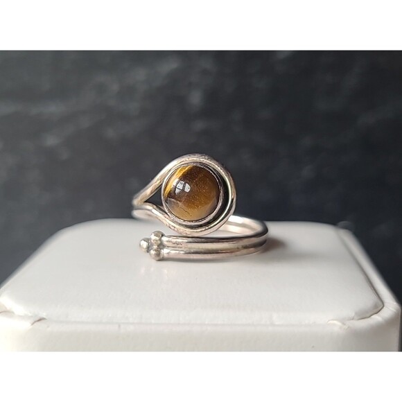 925 Sterling Silver Tiger's Eye Bypass Ring, SIZE US 6 Vintage - Picture 1 of 10